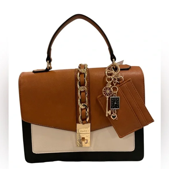 Aldo Caiilla Top Handle Satchel/Crossbody Bag Brown Black and Cream Color Block - Picture 1 of 8